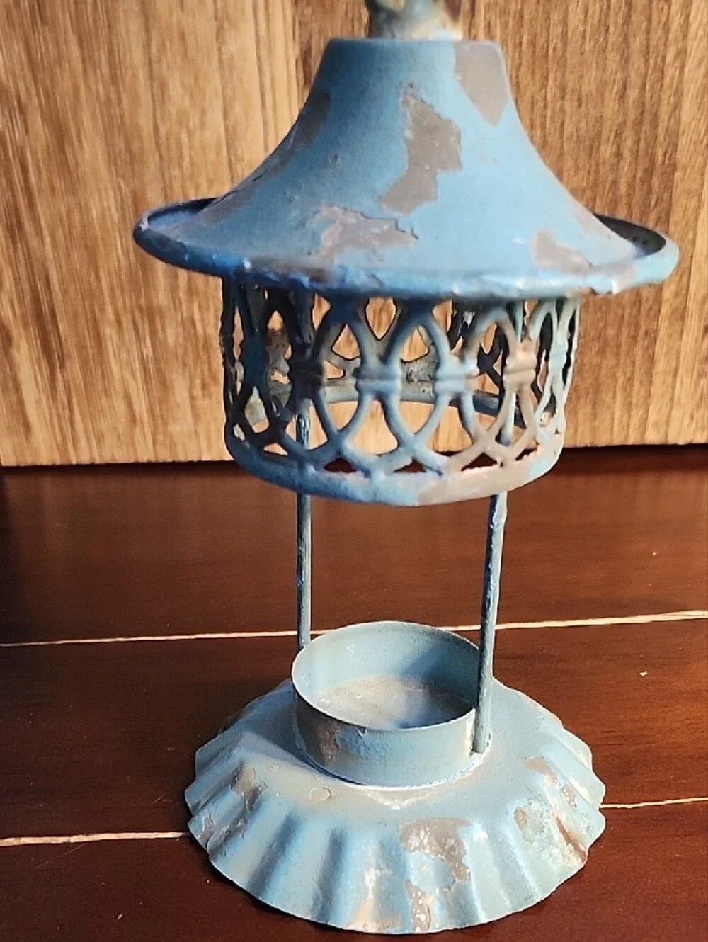 Distressed Blue Metal Decorative Lantern with Handle